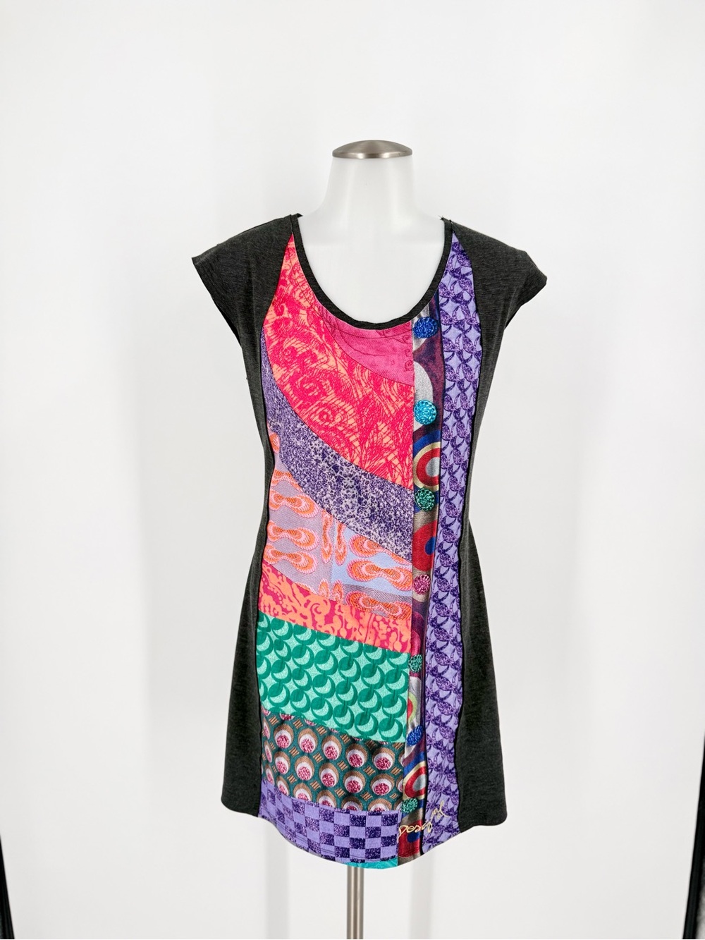 Desigual Gray Patchwork Multicolor Tunic Dress Embellished Buttons XL